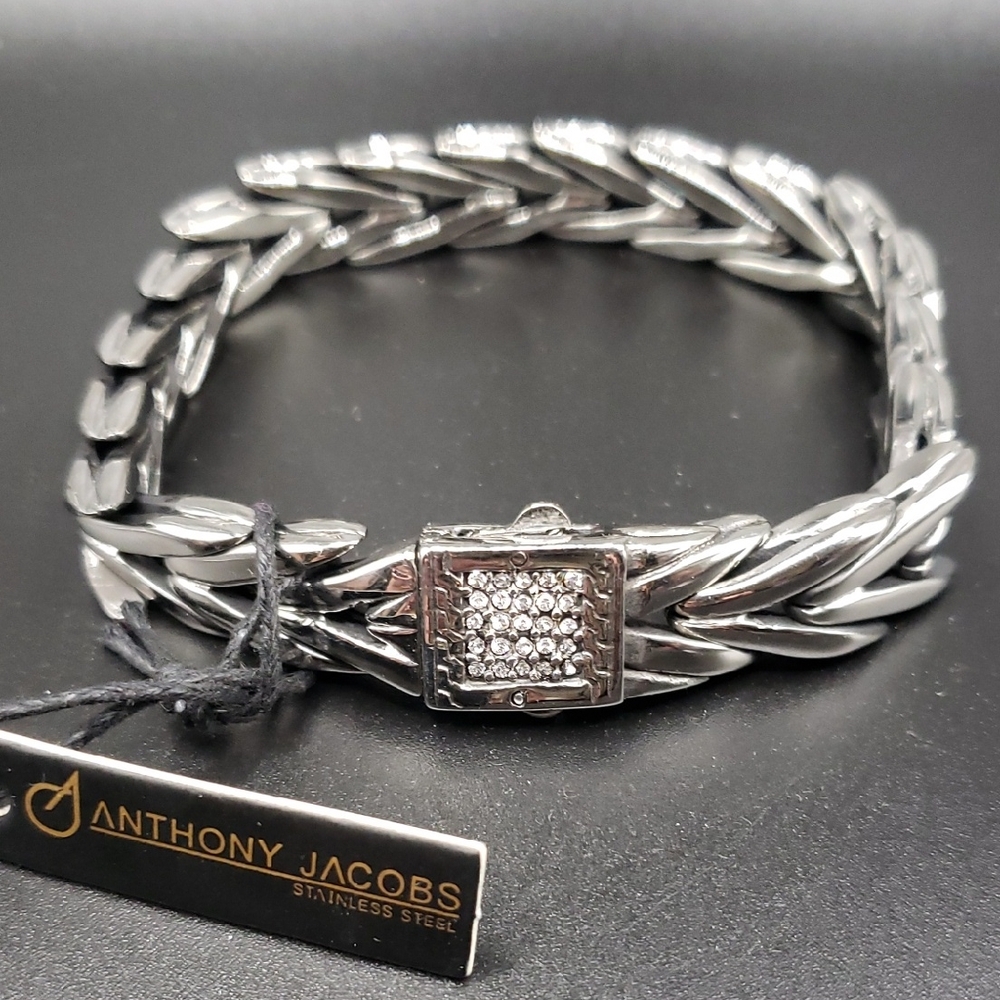 Anthony Jacobs Stainless Steel with Simulated Diamond Clasp 9" Bracelet